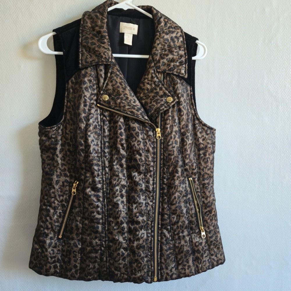 Chico's Metallic Leopard Print Moto Vest Black Velvet Back Glam Mob Wife Size 1